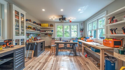 suburban farmhouse with a dedicated workshop for crafting and DIY projects, featuring organized tool storage, workbenches, and bright task lighting
