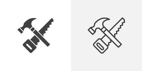 Hammer and saw black vector icon set