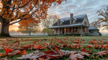 serene autumn morning scene at a suburban farmhouse, with fallen leaves and a hint of frost on the roof