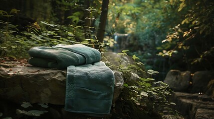 Obraz premium A beautuful stylish towel on the stone near a hidden glade