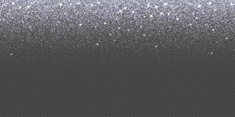 Silver falling glitter, shiny confetti with glowing sparkles, shimmer spray effect, festive holiday particles isolated on a dark background. Vector illustration.