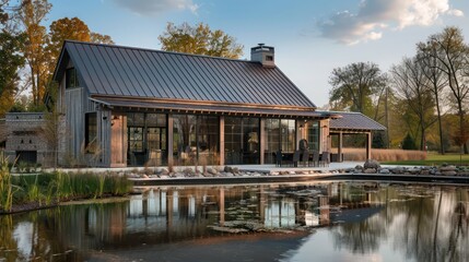Obraz premium rustic suburban farmhouse with a modern twist, featuring a metal roof and large, open windows overlooking a scenic pond