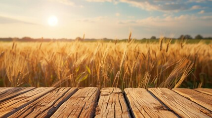 Rustic wooden table against a sunset wheat field backdrop, featuring copy space. Perfect for organic product promotions, countryside event marketing, and seasonal advertising. High quality