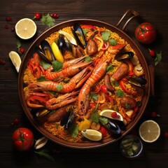 A large pan of traditional Spanish paella filled with saffron rice