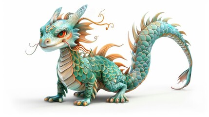 Obraz premium a lucky digital dragon, adorable and playful, chibi art, joyful, isolated on white background