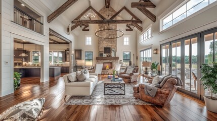 rustic suburban farmhouse with a modern twist, featuring a large, open-concept living space and high ceilings