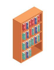Wooden bookcase with books. Hardcover books in big shelf. Isometric vector illustration isolated on white background