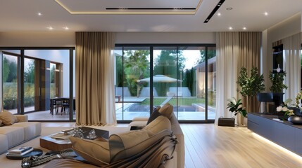 modern suburban farmhouse with an integrated smart home system, featuring automated curtains, lighting, and a central control for climate and security