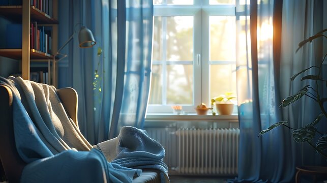 A cadet blue cloth window warm light cozy living room material