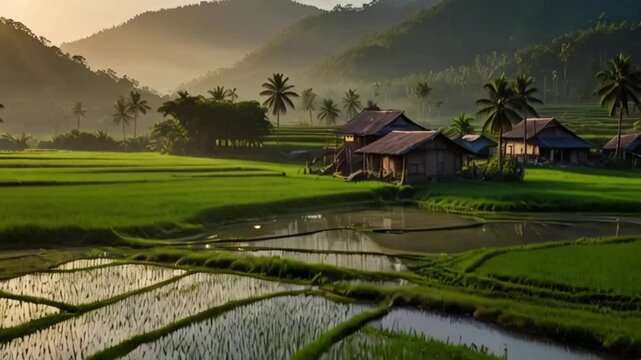 View of nuture in village in morning. View of rice fields