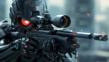 Wearing tactical cybernetic gear aiming a futuristic sniper rifle ar7 4 Generative AI