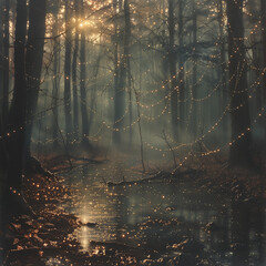 Fototapeta premium Enchanted Forest with Twinkling Fairy Lights and Misty Atmosphere at Dusk. Magical and Mysterious Woodland Scene with Soft Light and Shadows