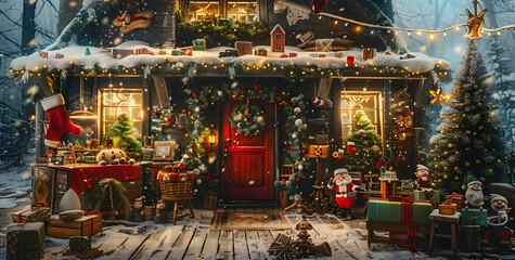 Design a whimsical Christmas background with Santas workshop, bustling with elves preparing toys for delivery.