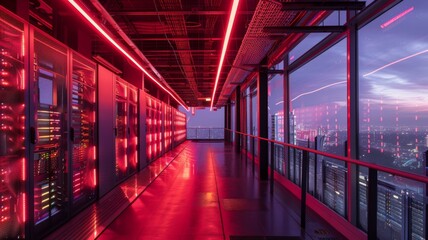 Fototapeta premium Red lit hallway overlooking a city at night.