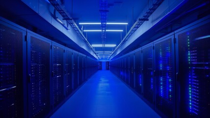 Server room with blue light.