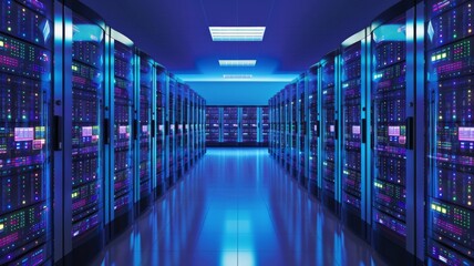 Fototapeta premium Server Room with Blue Lighting.