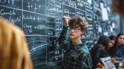 A teenager writes complex equations on a blackboard during a math class, embodying concentration, intelligence, and the challenging aspects of academic life.