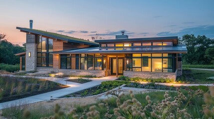 modern suburban farmhouse with a focus on energy efficiency, featuring geothermal heating and a green living roof