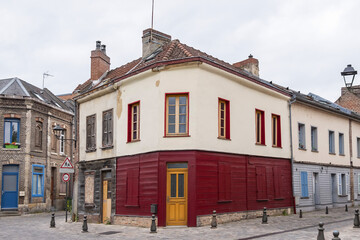 Street view of Amiens: beautiful old houses. Amiens - city and commune in northern France, 120 km north of Paris, capital of Somme department, Hauts-de-France. AMIENS, FRANCE.