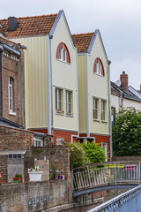 Street view of Amiens: beautiful old houses. Amiens - city and commune in northern France, 120 km north of Paris, capital of Somme department, Hauts-de-France. AMIENS, FRANCE.