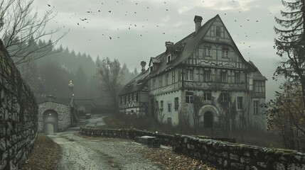 An ancient, seemingly haunted mansion stands on a dreary, foggy day with crows flying above, creating an eerie and mysterious atmosphere perfect for a horror story setting.