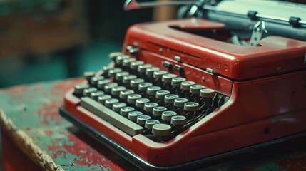 A nostalgic side-angle shot shows a red vintage typewriter resting on a weathered old table, capturing a moment in time and evoking memories of the written word's golden era.