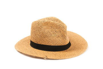 Straw hat isolated on white background. Stylish headdress. Stylish straw hats. Banner design. Panama.Women summer yellow straw hat. Fashion