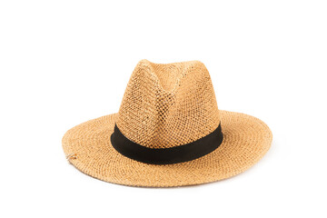 Straw hat isolated on white background. Stylish headdress. Stylish straw hats. Banner design. Panama.Women summer yellow straw hat. Fashion