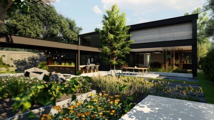 Obraz premium contemporary suburban farmhouse with a minimalist black and white design, featuring a large garden and an outdoor dining area