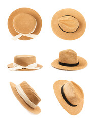 Straw hat isolated on white background. Stylish headdress. Stylish straw hats. Banner design. Panama.Women summer yellow straw hat. Fashion