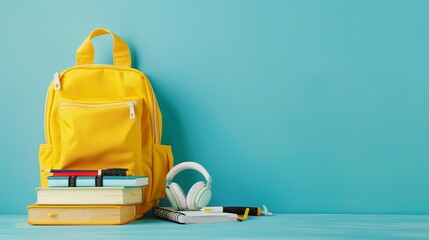 A yellow backpack alongside various school items like books, a notepad, and a headset arranged against a blue background, depicting readiness and organization.