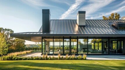 Fototapeta premium contemporary suburban farmhouse with striking metal roofing and large, floor-to-ceiling windows that offer panoramic views