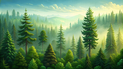 Obraz premium natural green trees in a forest of old spruce fir and pine,eco natural background