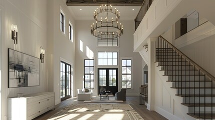 elegant entryway in a modern suburban farmhouse, with a high ceiling, grand staircase, and a chandelier made from reclaimed materials