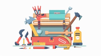Illustration of a vibrant toolbox with various tools such as hammers, wrenches, and measuring tape, depicting preparation and readiness for construction or repair tasks.