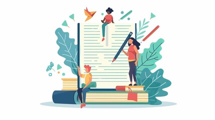 This image illustrates people engaging in learning activities using a giant book and pencil, highlighting the significance of books and writing in education and personal growth.