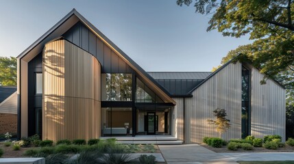 Fototapeta premium modern suburban farmhouse with an angular design, featuring contrasting light wood and dark metal panels