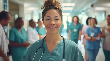 Fototapeta premium Smiling Nurse in Blue Uniform in Hospital Corridor