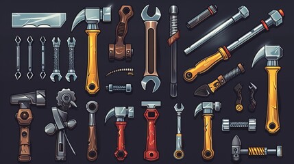 This image presents a comprehensive collection of cartoon-style tools, displayed against a dark background. The vibrant array includes hammers, wrenches, pliers, and screwdrivers with intricate desig