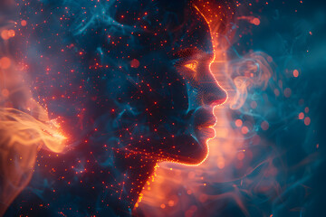 Fototapeta premium Abstract human silhouette with interconnected lines and dots in red, blue, and pink.