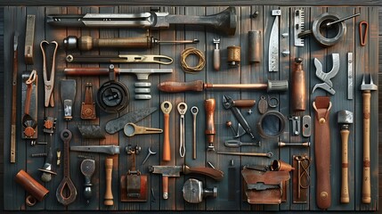An antique collection of tools is meticulously organized inside a wooden drawer, showcasing a variety of instruments used for manual work, reflecting a time of traditional craftsmanship.