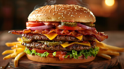 Layered burger with crispy bacon and fries, perfect for diner promotions, fast food promotions, food reviews, culinary blogs, delivery services. Savory cheeseburger with crispy glazed bacon
