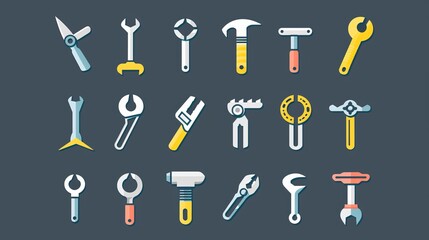 This image presents stylized icons of hand tools against a dark gray backdrop, featuring an array of equipment used in various repair and construction tasks.