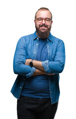 Young caucasian hipster man wearing glasses over isolated background happy face smiling with...