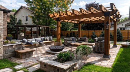 Naklejka premium backyard of a suburban farmhouse, complete with a wooden pergola, a stone fire pit, and comfortable outdoor seating
