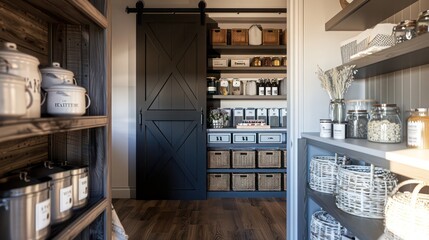 beautifully arranged suburban farmhouse pantry with open shelving, labeled bins, and a rustic barn door