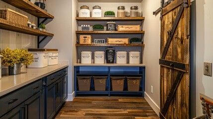 beautifully arranged suburban farmhouse pantry with open shelving, labeled bins, and a rustic barn door
