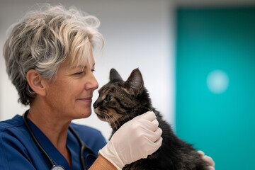 Smiling Veterinarian Examining a Cat in a Modern Clinic, Professional Pet Care Animal Healthcare