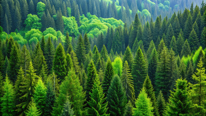 Obraz premium natural green trees in a forest of old spruce fir and pine,eco natural background
