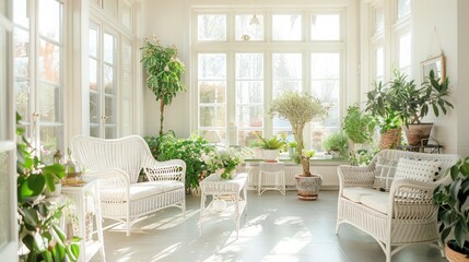 bright and airy suburban farmhouse sunroom with white wicker furniture, plenty of potted plants, and floor-to-ceiling windows